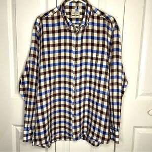 Haupt Linen Blue Brown Checked Button Up Size XL 17 1/2 Long Sleeve Mens Germany